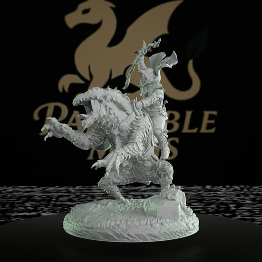 Rekari Sand Drake with Ekrothari Warrior Miniature | Dungeons and Dragons Large Mini | RPG Tabletop Painting